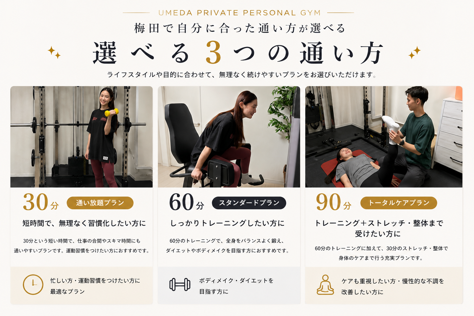 梅田のパーソナルジムBREEZE 梅田店で選べる30分・60分・90分の3つの通い方