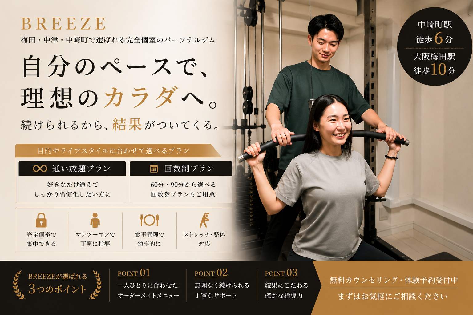 中津・中崎町から通いやすい完全個室パーソナルジムBREEZE 梅田店のファーストビュー画像