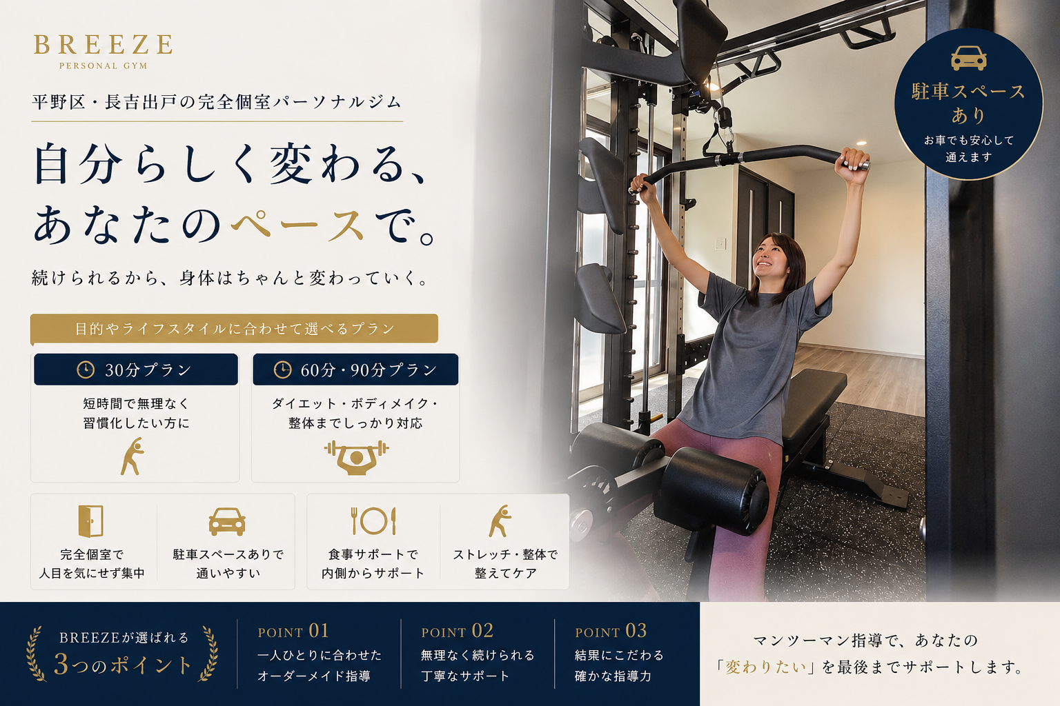 平野区・長吉出戸のパーソナルジムBREEZE 平野店 完全個室で30分・60分・90分から選べるマンツーマン指導