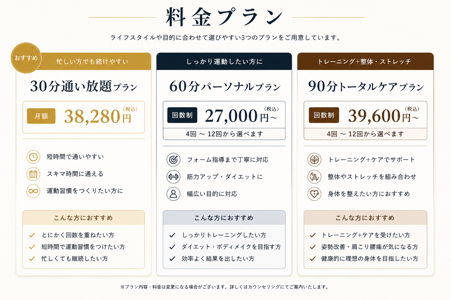 高槻の完全個室パーソナルジムBREEZE高槻店の30分通い放題プラン、60分パーソナルプラン、90分トータルケアプランの料金表