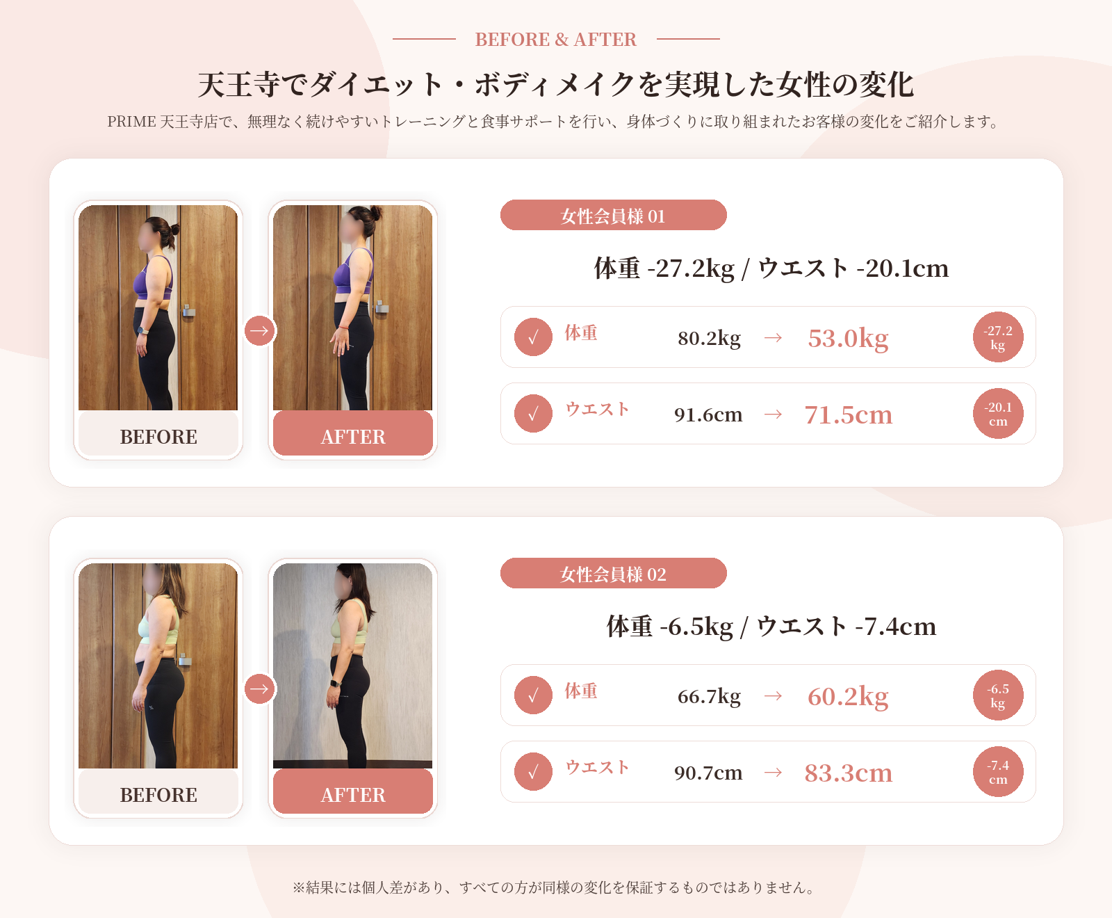 天王寺の女性専用パーソナルジムPRIMEでダイエットに取り組んだ女性会員様のビフォーアフター実績